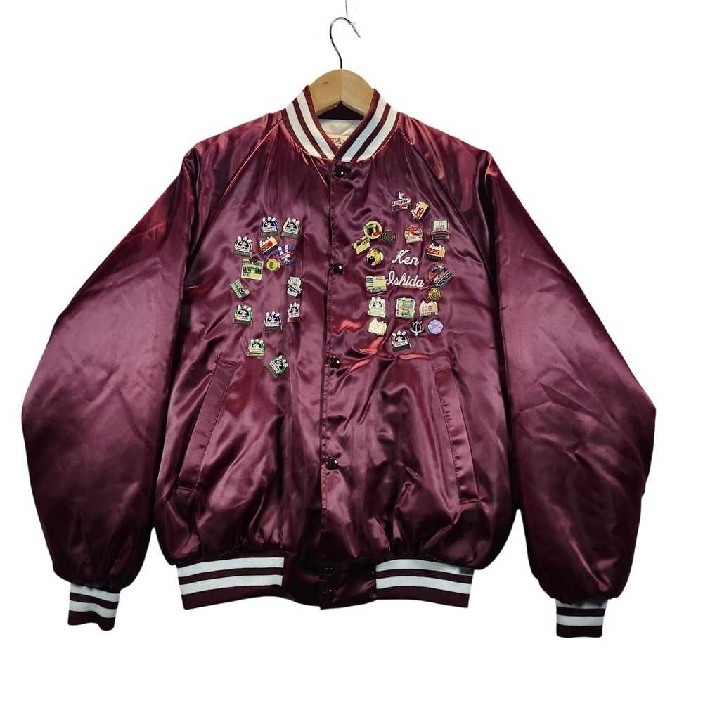 VINTAGE 80's Westark USA Burgundy‎ Satin Bomber Jacket  Bowling Pins Pins Large